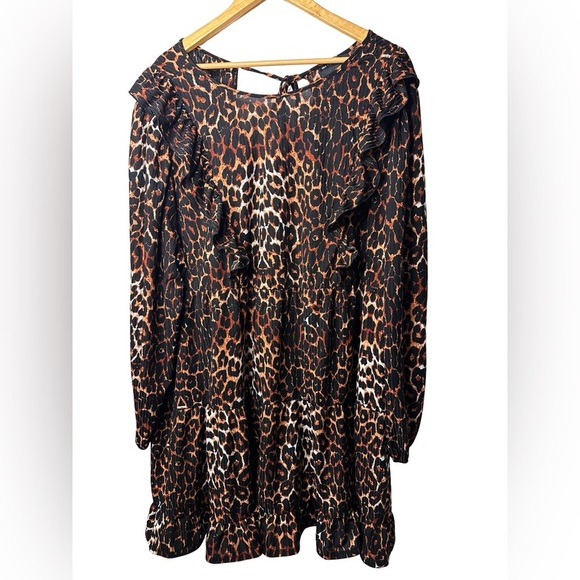 Asos Curve Women Frill Front Leopard Print Mini Dress, Black/Brown Combo size 24 - Picture 3 of 12